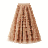 Net Yarn Lotus Leaf Side Temperament Skirt Women's Dress 2025 Spring And Autumn New Famous Woman Long Dress Thin Cake Skirt 2210