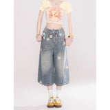 Vintage Star Print Denim Seven-Point Trousers Women's Summer New Worn Loose Broad Legs Straight 7 Points Trousers