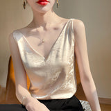 Silk Satin 2026 Spring And Summer New Women's Short Loose V-Necked T-Carb Tamales On The Back Of The Blouse Strap