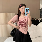 Positive Shoulder Short Sleeve T-Shirt Women's Summer 2026 New Fat MM Irregular Design Printing Thin Top