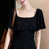Temperament Gentle Wind Lotus Leaf Side U Collar Short-Sleeved T-Shirts Summer Pure Fashion To Close The Waist Thin Design Short Top