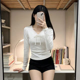 2026 Spring And Autumn Korean Version V-Neck Pure Desired Lace Stitched Cross-Lace Long-Sleeved Bottom T-Shirt Short Top Woman