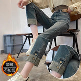 Vintage Tube Jeans Women Winter Plus Velvet 2025 New High-Waisted Small Nine-Point Elastic Straight Pants Tide