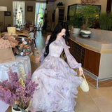 French Temperament Out-Shoulder Butterfly Print Long-Sleeved Dress Women Spring And Summer High-Grade Feeling Irregular Lotus Leaf Side Long Skirt