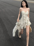 French Temperament Sling Dress Fairy Seaside Holiday Dress New Irregular Lotus Leaf Side Dress