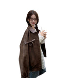 Vintage Bow Leather Coat Female Autumn New Hottie Casual Loose Pu Leather Jacket Temperament Top