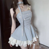French Hanging Neck Bow Sling Dress Women's Summer 2026 New Slimy Lattice High Waist Fluffy Skirt