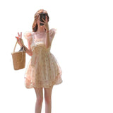 2026 New Broken Flower Dress Women's Spring And Summer Sweet Collarbone Bubble Sleeves To Close The Waist Thin Super Fairy Short-Sleeved Skirt