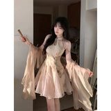 Set Of Women's New Chinese Style 2025 New Splicing Cheongsam Dress To Collect Waist Thin Short Skirt Sunscreen Cardigan