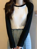 Long-Sleeved T-Shirt Women's Spring New Korean Version Of The Collage Splicing Round Collar Bottom Jersey Fat MM Large Size Women's Loose Top Tide
