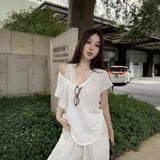 Pure-Want-Style Thin Loose White V-Neck Short-Sleeved T-Shirt For Women's Summer Lace In A Vest Top Folded Two Sets