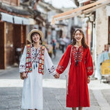 Ethnic Cotton Dress Women's Vacation Tourism Sunscreen Long Sleeves Long Skirt Art Embroidery Waist Dress