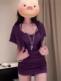 Purple Sexy Short-Sleeved Dress Women Summer Folds Design Small Pure Babes To Collect Thin Bag Of Hips