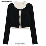Black Short High-Waisted Long-Sleeved Open-Necked Sleeves Of Women's Autumn New Body-Clamping Umbilly Blouse With Two Sets Of Slings