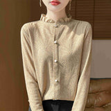 New Silk Velvet 2026 Spring And Summer New Women's Short Wooden Ear Half-High Tie Wnitted Shirt Knitted Bottom Shirt Top