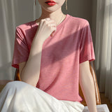 Lyselle 2026 Summer Women's New Women's Short Loose Round Neck Solid Color Short-Sleeved T-Shirt Simple Bottom Top