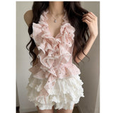 Pure Atmosphere Of The Hottie Pink Wave Dot Hanging Neck Top + White Ponbo Cake Skirt Temperament Sexy Two-Piece
