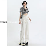 White Plus Straight Jeans Women 2025 New Small High-Rise Thin Loose-Render Broad Leg Pants