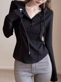 Irregular T-Shirt Hooded Bottoming Women's Early Autumn New Fat Mm Pure Lust Wind To Show Thin Sleeve Tops In Tide
