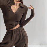 Spice Girl Sexy V-Neck Elastic Slim Slim Polo Shirt Retro Spring And Autumn Long-Sleeved Thread Bottom T-Shirt Top