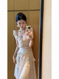 French Pure Lust Lotus Leaf Side Small Flying Sleeve Fairy Dress Spring And Summer New Irregular Hem Chiffon Long Skirt