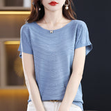 Tiansi 2026 Spring And Summer Women's New Lady Loose Temperament Beads Short-Sleeved T-Shirt Bottom Knitted Half-Sleeved Top