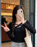 White Inside Cross-Care Machine Bottom T-Shirt Spring And Autumn Chic Tunic Dress Simple Design Sense Long-Sleeved T-Shirt