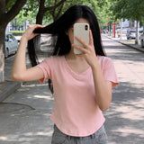 Hottie Pure Lust Wind V-Neck Machine Short-Sleeved Top T-Shirt Girl Short Straight Shoulder Repair Summer Girl Top
