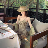 New Chinese Green V-Neck Print Sling Dress Woman's Waist Thin Shawl Sling Dress Two Sets