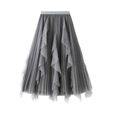 2025 Spring New High-Waisted Lotus Leaf Side Splicing Mesh Dress Half-Dress Woman's Long-Term Large Folding Skirt 0889