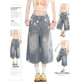 Vintage Star Print Denim Seven-Point Trousers Women's Summer New Worn Loose Broad Legs Straight 7 Points Trousers