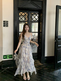 Broken Flowers Hanging Dress Women Summer V Collar Waist Temperament Pure Sexy Fairy Dress Seaside Skirt