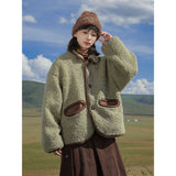 Green-Collared Lamb Plush Short Coat Women 2025 Autumn And Winter New Design Sense Loose Casual Jacket Top