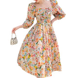 French Hepburn Style Temperament Retro Chic Beautiful Mashed Flower Bubble Sleeve Dress Dress Women Summer