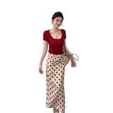2026 Summer New Retro Port Storm Red Short-Sleeved Top With Casual Slimming Skirt Two-Piece Set