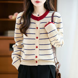 100% Pure Wool 2026 Autumn And Winter New Women's Loose Round-Collar Striped Buckle Knitted Open Shirt Coat