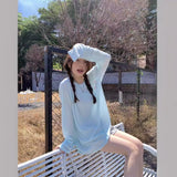 Lazy Wind Slack Blue Top Letter Printing Hoodie T-Shirt Girls Summer Thin Casual Loose Sunscreen Shirt