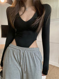 Black V-Necked Women In Spring And Autumn Pure Hot Girl Sexy Clad Bare Waist Long-Sleeved T-Shirt