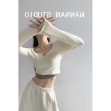 Designing A Hottie Fake Two-Piece Color Small V-Neck Long-Sleeved T-Shirt Girl Autumn Slim Thin Short-Num Chic Top