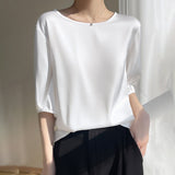 Airable Silk Satin 2026 Spring And Summer New Women's Round Collar Loose Solid Color Acetic Satin Noodles T-Shirt