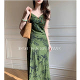 Summer New Chinese Ink Green High-Rise Sleeveless Sleeveless Sleeveless Skirt Woman With Thin Waist And Thin Dress Woman