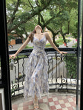 Broken Flowers Hanging Dress Women Summer V Collar Waist Temperament Pure Sexy Fairy Dress Seaside Skirt