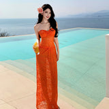 Thailand Sanya Seaside Holiday Orange Hollow Lace Bag Folded Pure Sexy Dress Beach Dress