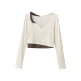 Designing A Hottie Fake Two-Piece Color Small V-Neck Long-Sleeved T-Shirt Girl Autumn Slim Thin Short-Num Chic Top