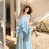 French Super Fairy Three-Dimensional Flowers Lotus Leaf Side Blue Sling Dress Women's Summer Holiday Style Dress Suit