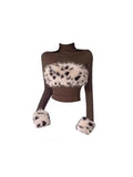 Temperament Famous Hairy Hottie Spliced Leopard-Print High-Necked Long-Sleeved T-Shirt Slim Short Thin Bottom Top
