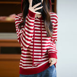 100% Pure Wool 2026 Autumn And Winter New Women's Loose Hooded Hooded Striped Knitted Sweater