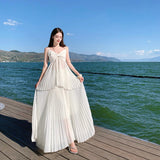 Seaside Vacation Bright Dopamine 100 Fold V-Neck Hanging Neck Sling Dress Super Fairy Skirt Half Body Skirt Two Sets