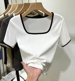 Black T-Shirt Women's Short-Sleeved Collar 2026 New Summer Color Niche Design Sense Hit The Bottom Of The Top Of The Shirt