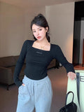 Design Sense Collar Fish Bone Shoulder Long Sleeve Bottom Shirt In Autumn New Korean Version Slim Thin Short Top
